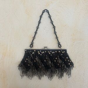 NEW Vintage Black Beaded Fringe Clutch